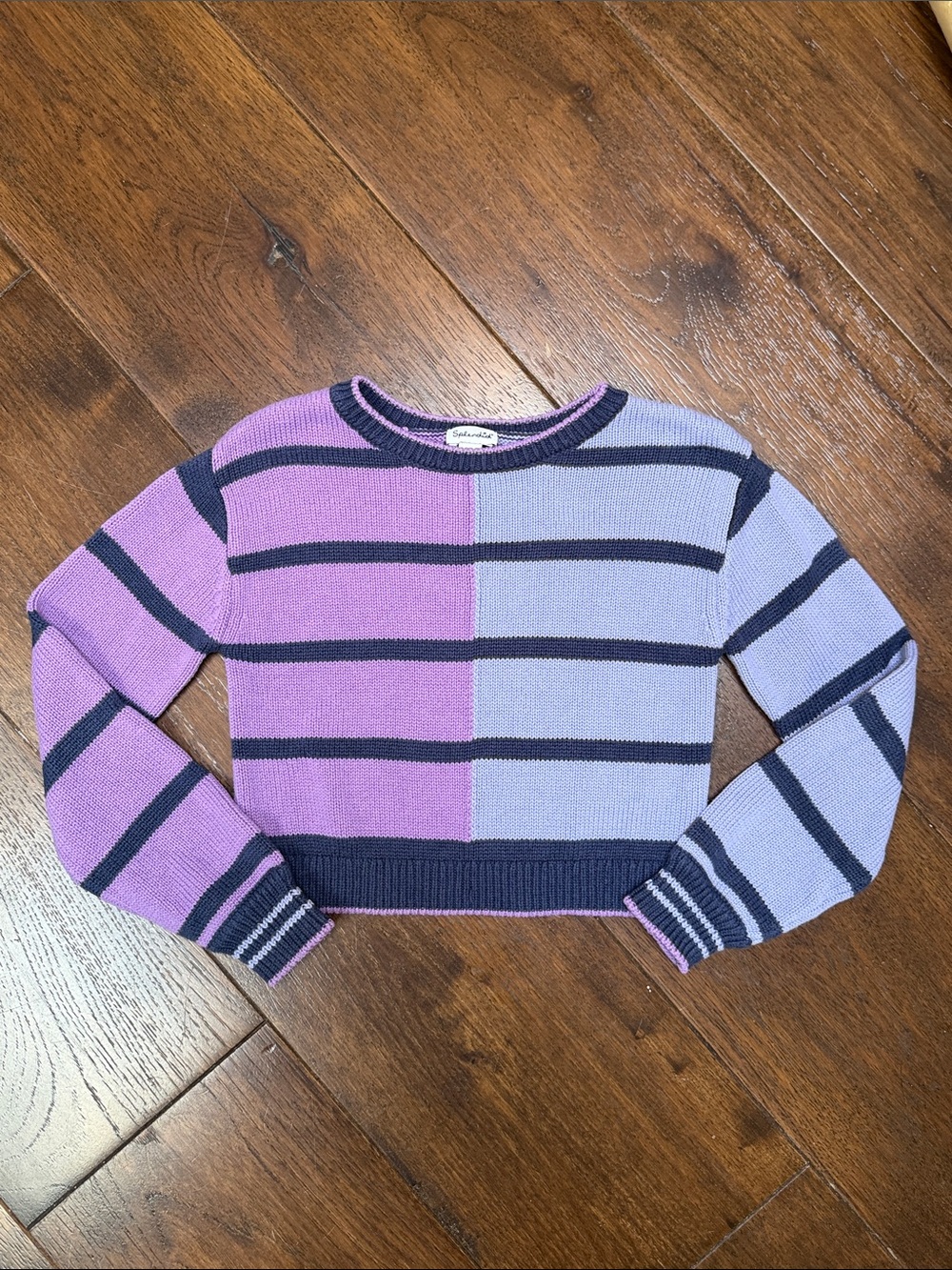 Splendid- Girls Miss Match Striped Cropped Sweater - Navy/Purple - Size: 7Y